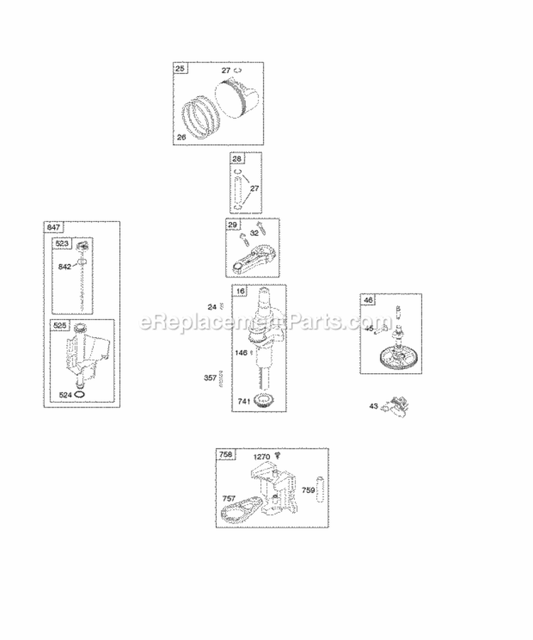 Camshaft Crankshaft Lubrication Piston Rings Connecting Rod Diagram and Parts List for  Briggs and Stratton Engine